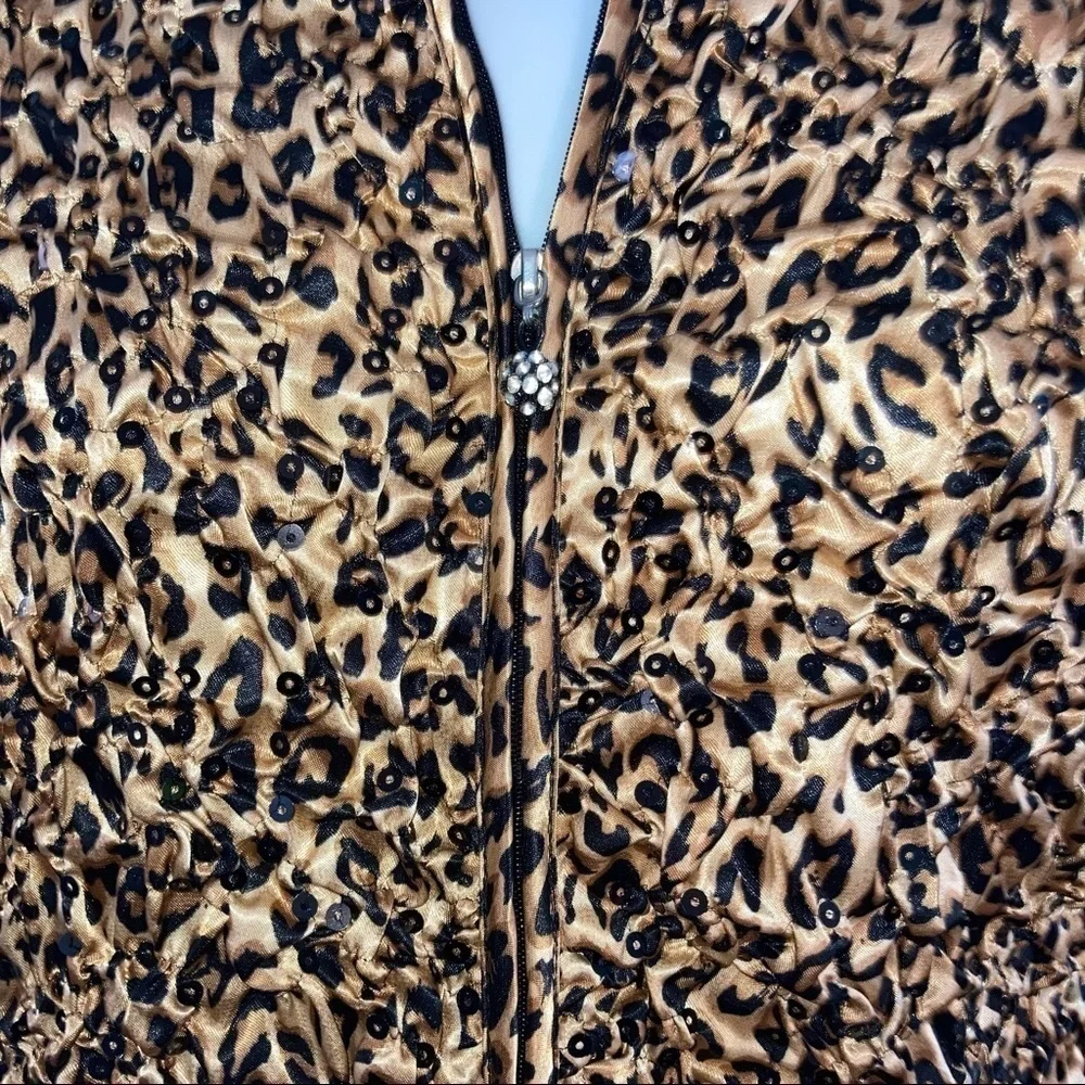 MSK Leopard Crimp Satin Sequin Zip Front Jacket M Beige Black